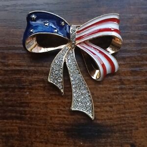 Patriotic Bow Brooch with Rhinestones